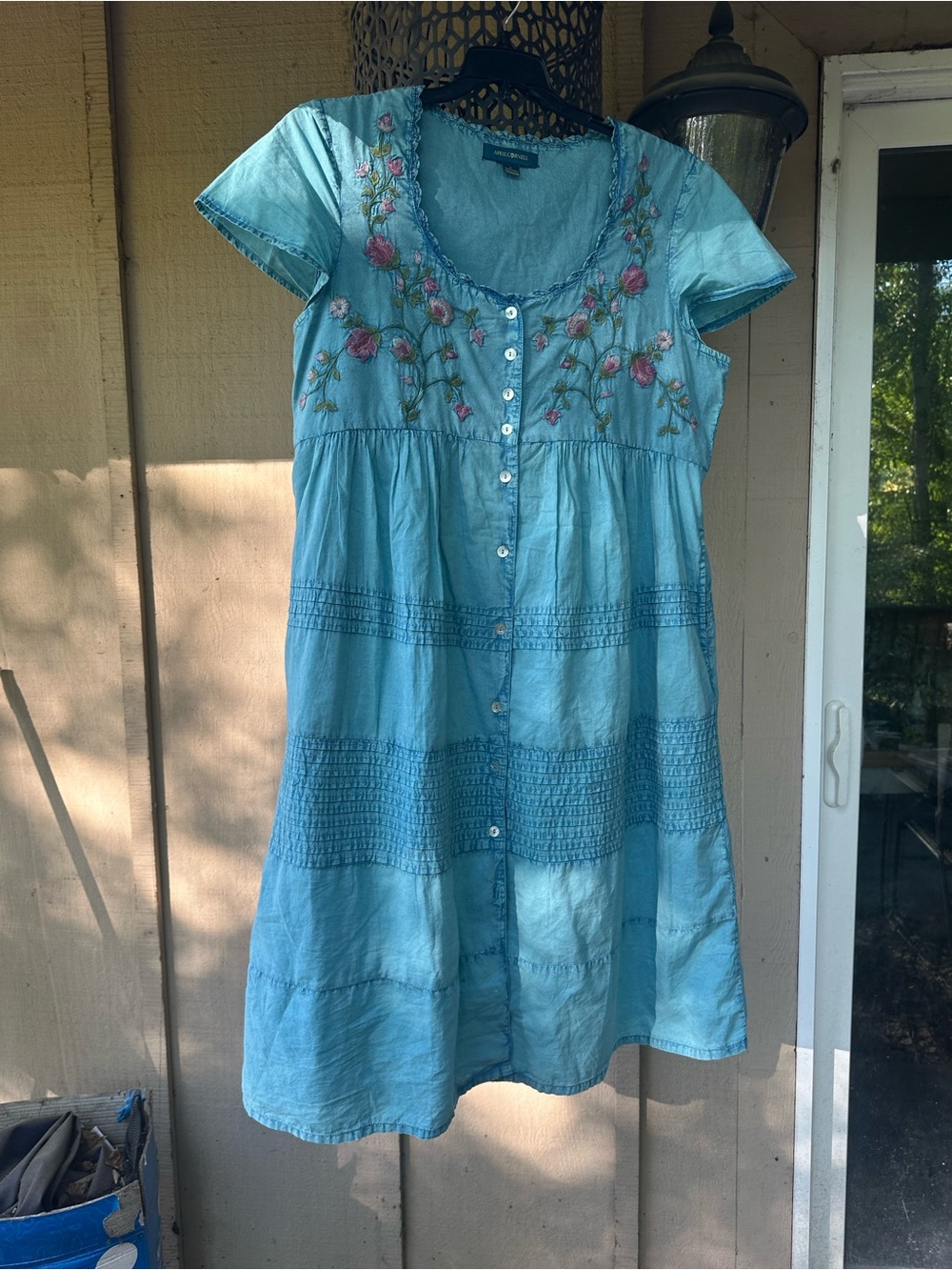 April Cornell Teal Blue Embroidered Button-Front Mini Dress